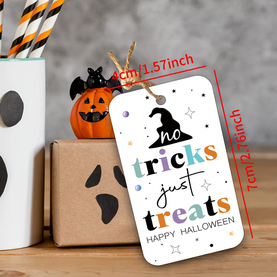 50 Stück Halloween No Tricks Just Treats Anhänger aus Papier mit Hanfseil zur Dekoration von Geschenktüten und Partyverpackungen - Bild 3