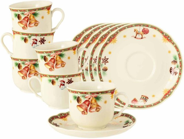 Seltmann Weiden Kaffeetassen mit Untertassen Marieluise Weihnachtsnostalgie aus Porzellan, Beige/Multicolor, 12er Set, 230 ml pro Tasse - Bild 1