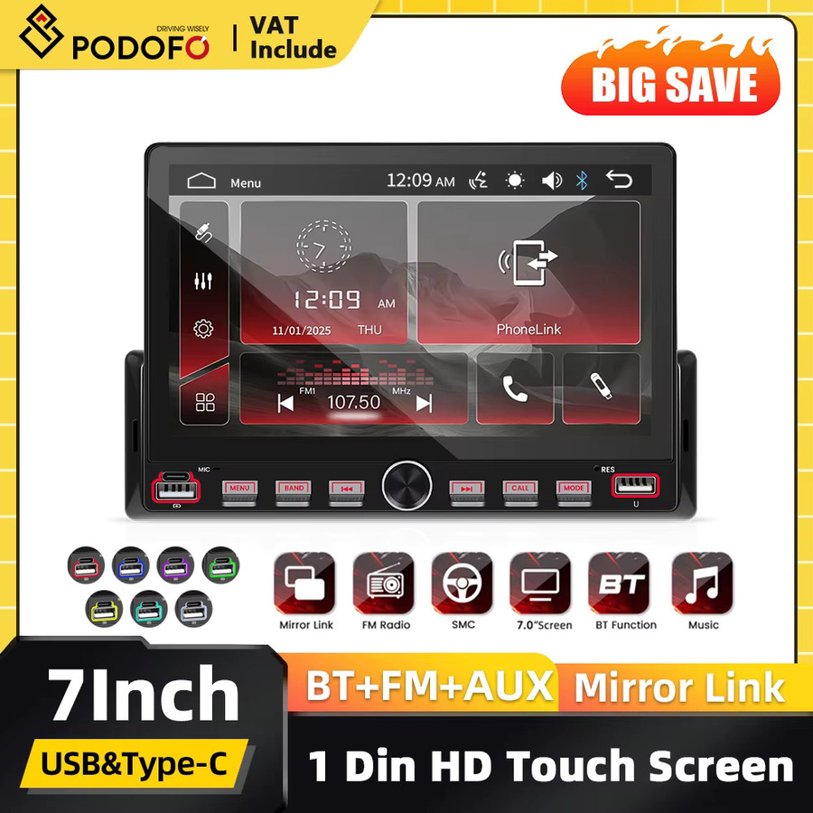 Podofo 1Din Autoradio mit Mirror-Link-Funktion, Bluetooth, USB und EQ-Soundeffekten in Schwarz - Bild 2
