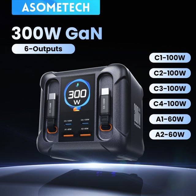 ASOMETECH 300W GaN USB-Ladegerät mit LED-Anzeige und einziehbarem USB-C-Kabel, PD3.0 PPS Schnellladestation für Macbook und Samsung, Schwarz/Grau - Bild 1