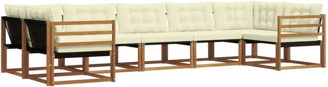 vidaXL Outdoor-Sofagarnitur 7-teilig aus Akazienholz mit Textilene und Kissen, L-Form, Natur und Beige - Bild 1