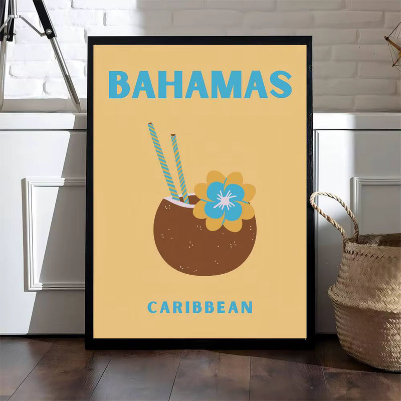 Island Travel Vintage Poster mit floralem Motiv in Mehrfarbig, Rechteckiges Wandbild aus Papier mit Holzrahmen im Hochformat - Bild 3