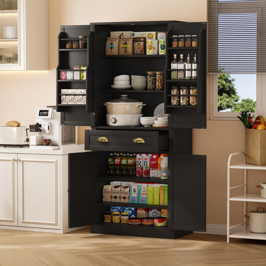 Moderner Küchenschrank Aosom in Schwarz mit 4 Türen, 1 Schublade und 4 verstellbaren Ablagen, B/T/H: 80 x 40 x 182 cm - Bild 2