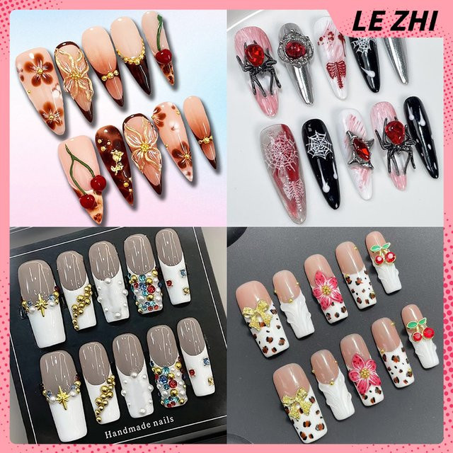 Keeppley Kunstnägel Stiletto, 10 Stück, 3D Blumen, Glänzend - Bild 1