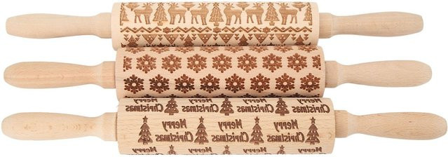 3er Set Igeteck Nudelholz aus Holz mit Weihnachtsmuster zum Backen, beige - Bild 1