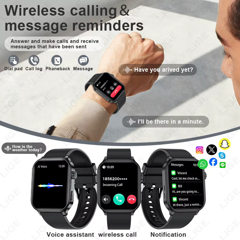 LIGE Smartwatch mit 2,01 Zoll Display, Bluetooth Anruffunktion, Herzfrequenz-Monitor und IP68 Wasserdichtigkeit, Farbe: Schwarz - Bild 2