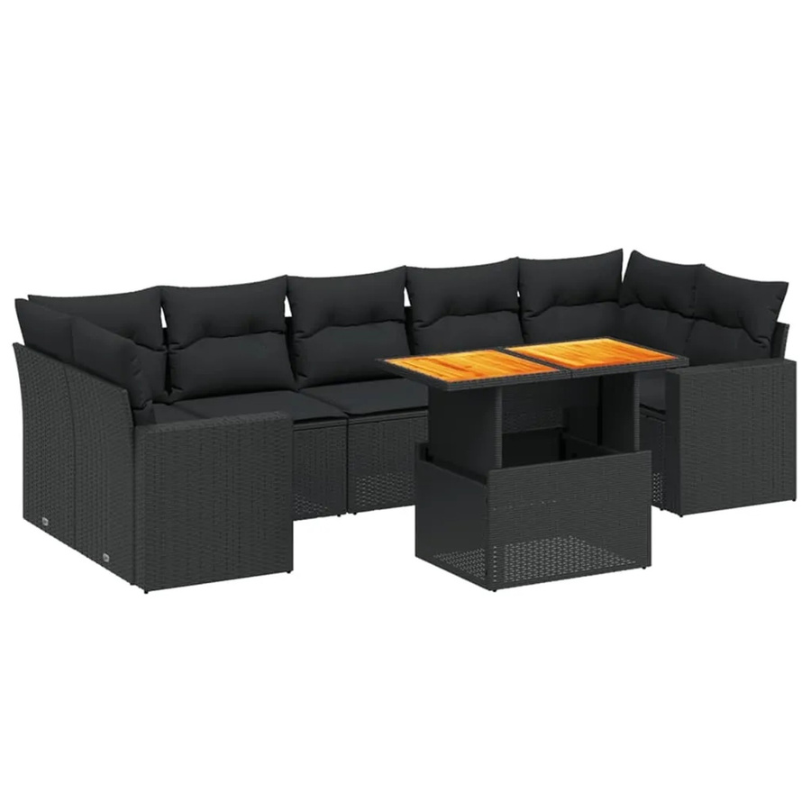 vidaXL 8-tlg. Garten-Sofagarnitur in L-Form aus Polyrattan und Akazienholz mit Kissen, Schwarz - Bild 2