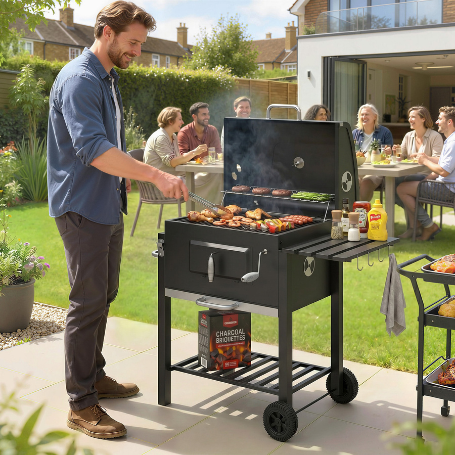 Outsunny Holzkohlegrill BBQ Standgrill aus Edelstahl in Schwarz, B/T/H: 65 x 113 x 108 cm - Bild 2