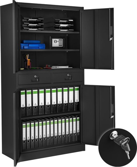 tectake Aktenschrank aus pulverbeschichtetem Stahl in Schwarz mit Türen, Schubfächern und höhenverstellbaren Einlegeböden, H x B x T: 180 x 80 x 40 cm - Bild 1