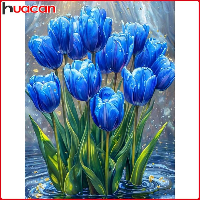 Huacan Diamantmalerei Tulpe Blumenkunst Dekorative Diamant-Mosaik Gemälde Blau B: 30,0 cm, H: 20,0 cm - Bild 1