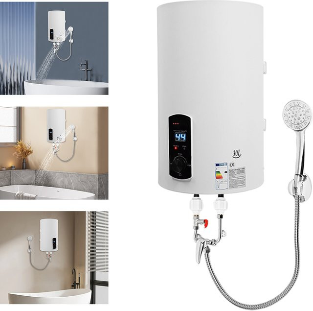 Elektrischer Warmwasserbereiter 30 L, wandmontierter Speicherboiler aus Edelstahl mit LED-Anzeige, 2000 W, Silber/Weiß - Bild 1