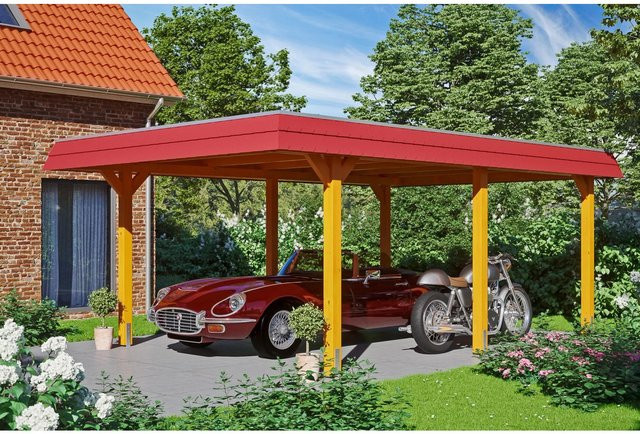 Skan Holz Carport Wendland aus Eiche Hell mit Aluminium-Dach und roter Blende, B: 628 cm, T: 409 cm - Bild 1