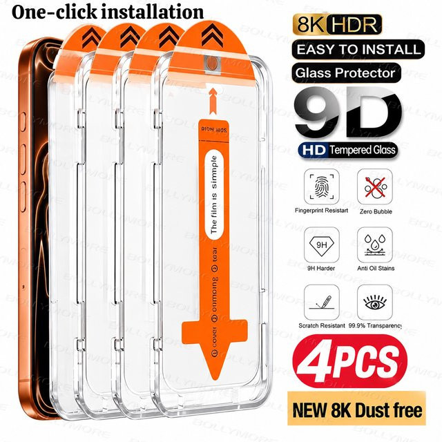 BOLLYMORE Displayschutzfolie Set aus 4 Stück, gehärtete Schutzfolie mit Staubfreier Installation und automatischer Ausrichtung, transparent, passend für iPhone 17 Pro Max, 16, 15, 14 Plus, 13, 12 und 11 - Bild 1