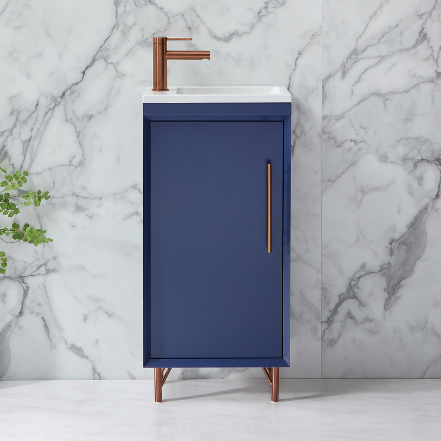 Waschtischunterschrank mit Waschbecken HudsonReed Edge in Dunkelblau mit Kupfergriffen und Soft-Close-Türen, Breite: 40 cm - Bild 1