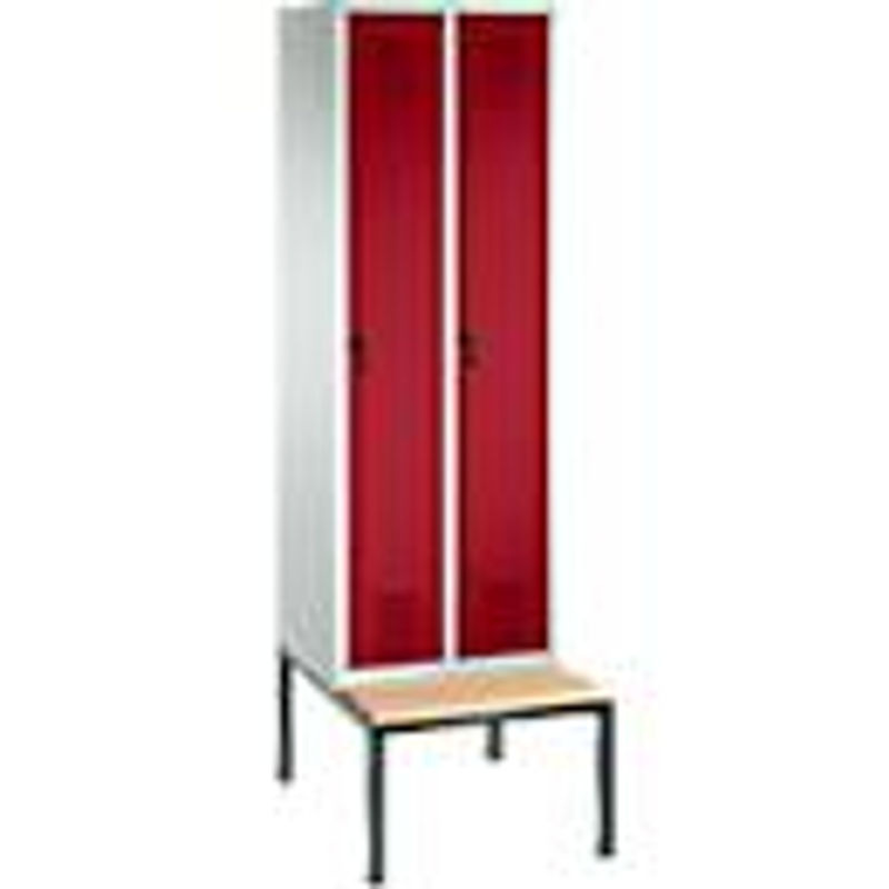 Garderobenspind C + P Evolo S 3000 aus Stahl mit integrierter Sitzbank, 2 Abteile mit Breite: 30 cm pro Fach, Sicherheitsdrehriegelverschluss, Farbe: lichtgrau RAL 7035 und rubinrot RAL 3003 - Bild 2