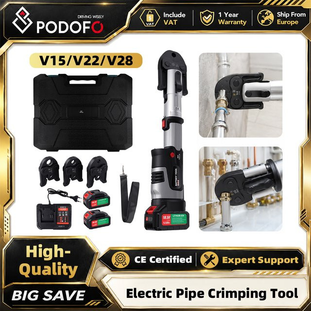 Podofo Elektrisches hydraulisches Crimpwerkzeug in Schwarz mit 3 Pressbacken für V15/V22/V28 Kupferrohr und Edelstahlrohr - Bild 1