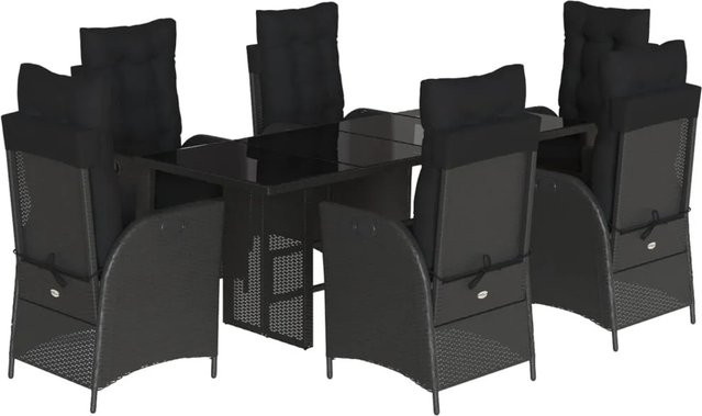 vidaXL 7-tlg Garten-Essgruppe aus schwarzem PE-Rattan mit Kissen und Hartglas-Tischplatte - Bild 1