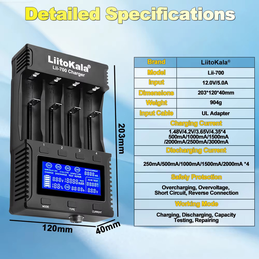 Liitokala Lii-700 Intelligentes Akkuladegerät mit LCD-Display für 18650, 26650, 16340, 18500, 3,7V und 1,2V in Schwarz - Bild 3