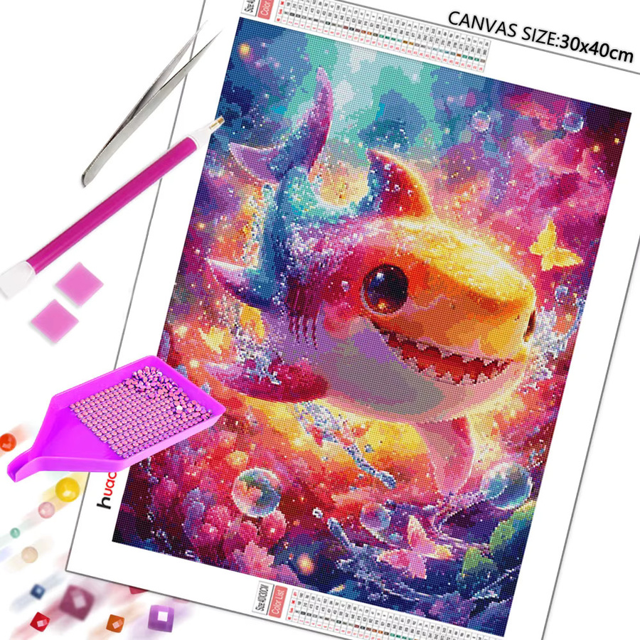 Huacan Diamant-Stickerei Set mit Hai-Motiv und Ozean-Schiffchen, rund, Multicolour, Durchmesser: 20 cm - Bild 2