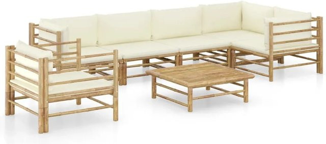vidaXL 7-teiliges Garten-Lounge-Set aus Bambus mit cremeweißen Kissen - Bild 1