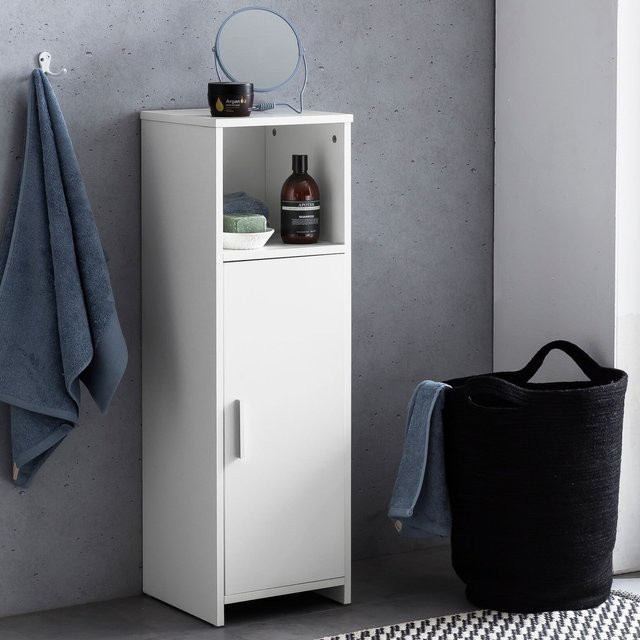 FinBuy Badschrank aus Spanplatte in Weiß, schmaler freistehender Beistellschrank mit Tür und offenem Fach, H x B x T: 95,5 x 30 x 30 cm - Bild 1