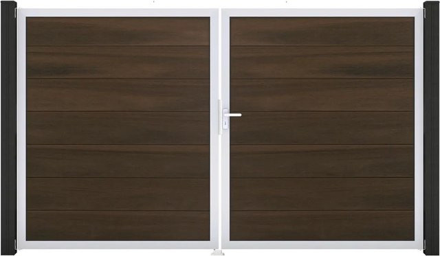 GroJa Steckzaun Tor Grande DIN Rechts EV1 Doppel-Tor in Walnuss aus Aluminium und BPC - Bild 1