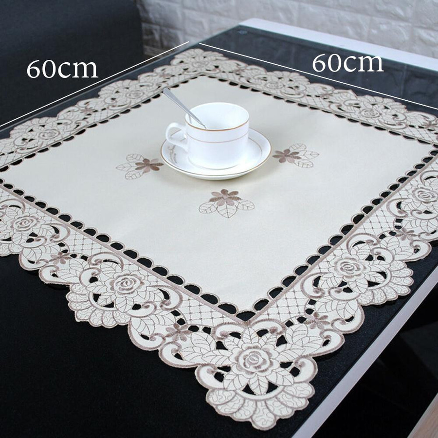 Yiran Furniture Tischdecke aus Satinstoff mit weißer Spitze und floraler Bestickung im Vintage-Stil, rund, Weiß - Bild 3