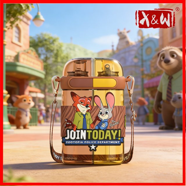XW Zootopia Trinkbecher mit Doppelter Wassertank und Strohhalm, 640 ml, Mehrfarbig, Tritan+PP-Wasserflasche mit Isolierabdeckung und Trageseil für Kinder - Bild 1