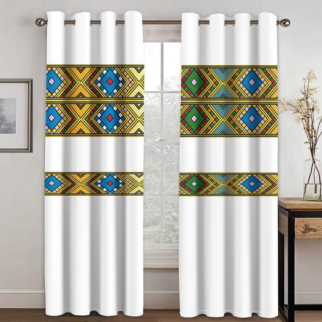 Afrikanische Traditionelle 3D Vorhänge mit Streifen-Elementen, 2er-Set aus Polyester, Mehrfarbig, Breite: 50 cm, Höhe: 130 cm - Bild 1