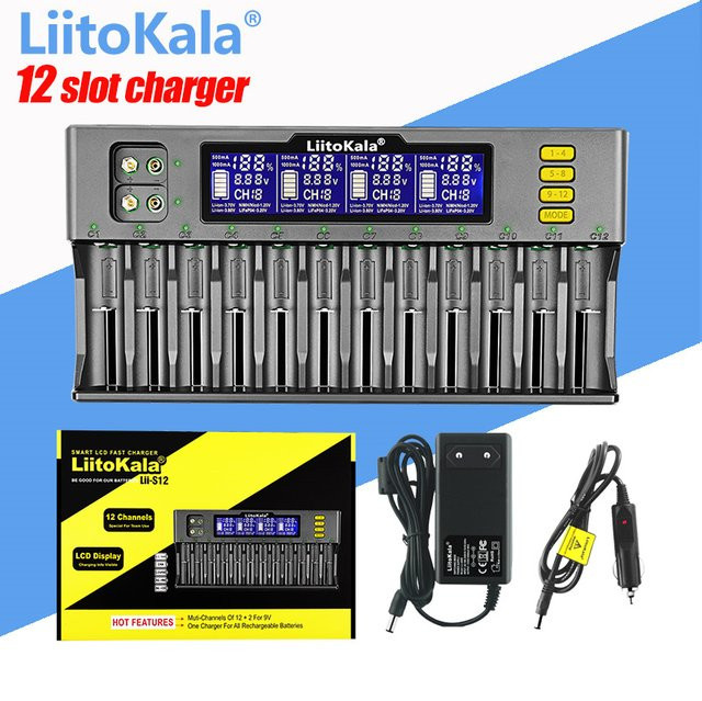 LiitoKala Lii-S12 LCD-Akkuladegerät mit 12 Slots für Li-Ion, LiFePO4, Ni-MH und Ni-Cd Akkus - Bild 1