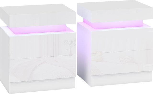 HOMCOM Set aus 2 Nachttischen mit LED-Beleuchtung in Hochglanzweiß, 2 Schubladen, B/T/H: 45 x 35 x 52 cm - Bild 1