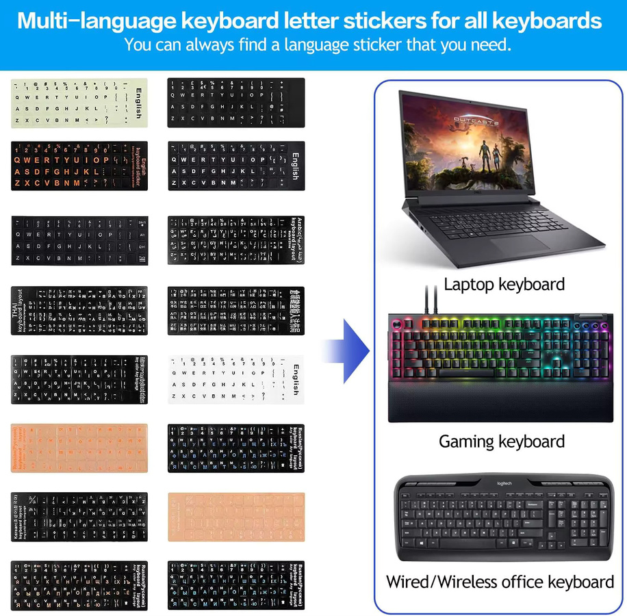 YSAGi Tastatur-Aufkleber in Schwarz als universelle Ersatz-Sticker für Koreanisch, Russisch, Englisch und Arabisch - Bild 3
