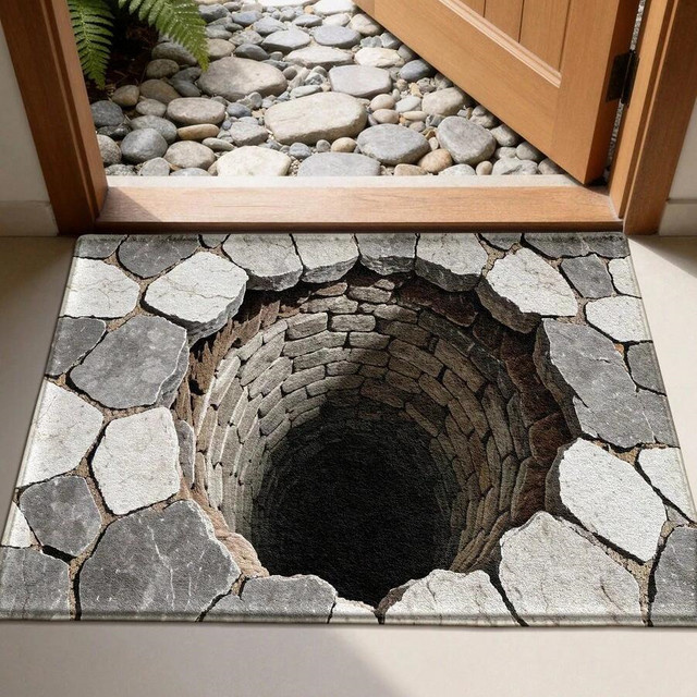 VIKAMA 3D Stone Well Illusion Fußmatte, rutschfest und waschbar, Grau, Rechteckig - Bild 1
