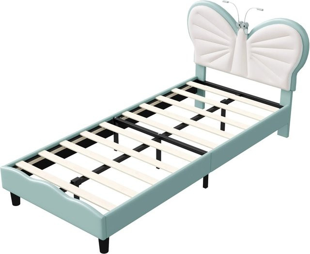 PXloue Kinderbett aus Samt und Metall mit integriertem Leselicht und verstellbarem Kopfteil, Blau, B/T/H: 90 x 200 x 108 cm - Bild 1