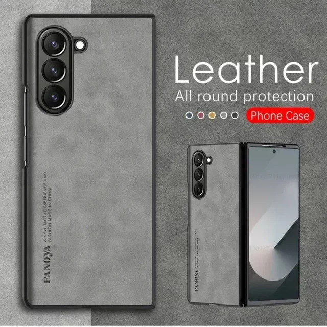 Matte Business Skin Touch Retro Lammfell Leder Handyhülle für Samsung Galaxy Z Fold 7, 6, 5, 4, 3 aus PU und TPU in Schwarz und Grau - Bild 1
