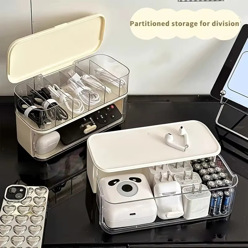 Doppelschichtiger Kabelorganizer aus Kunststoff für Schreibtisch und Büro mit verstellbaren Fächern, transparent und beige - Bild 5