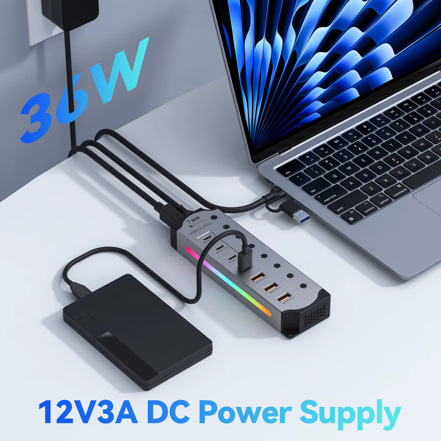 MOSHOU USB-Hub aus Aluminium mit 7 Ports, 10 Gbit/s, USB-A und USB-C 3.2, Silber, inklusive 12-V-Netzteil und individuellen Ein-/Aus-Schaltern für Laptop und PC - Bild 3