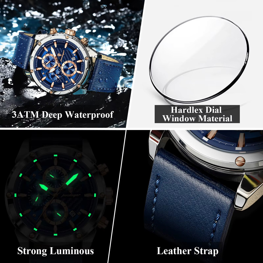 POEDAGAR Chronograph Armbanduhr, Quarz, Leder, Blau, Herren - Bild 2