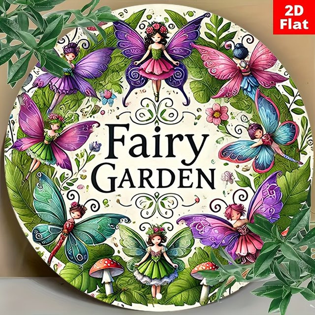 Potdemiel Aluminium-Wandkunst Fairy Garden mit Landfee, Schmetterlingen und Pilzen, rund, mehrfarbig, B/H: 20 x 20 cm - Bild 1
