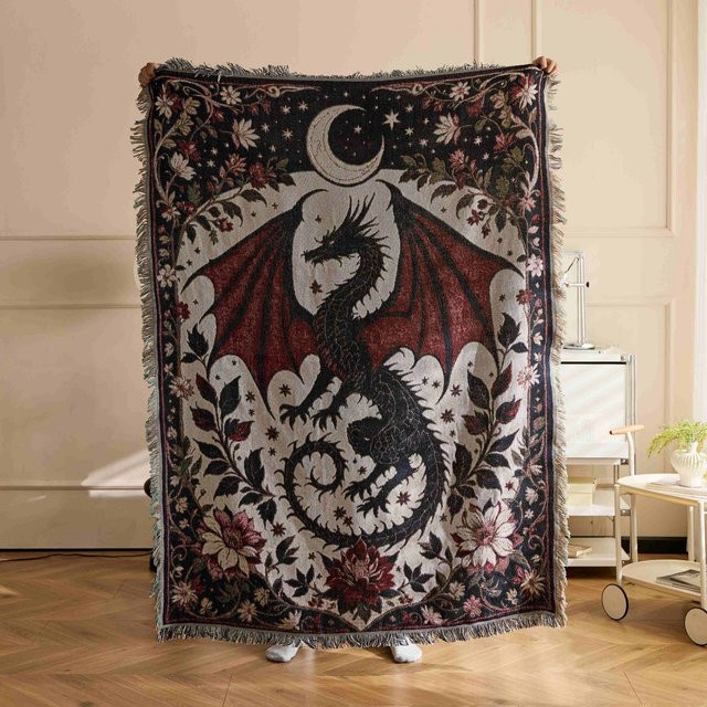 Textile City Fantasy Dragon Moon Überwurfdecke Jacquard-Webung Vintage Floral, Mehrfarbig, B/B/H: 160 x 130 cm - Bild 1