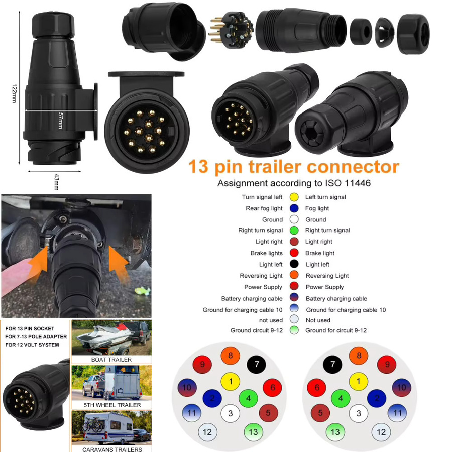 12V Anhänger Steckdose Set mit 7/13 Pin Stecker für Autoanhänger und Wohnwagen in Schwarz - Bild 4