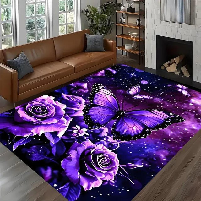 Lodestar Druckteppich mit lila Blumen und Schmetterlingen, weicher Raumteppich für Schlafzimmer und Wohnzimmer, B/B: 40 x 60 cm - Bild 1