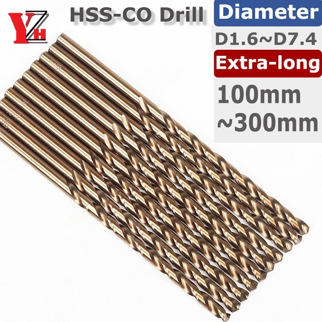 YZH HSS-CO Spiralbohrer Kobalt M35 extra lang für Edelstahl, Eisen, Kupfer, Aluminium und Holz, Durchmesser: 1,6 mm bis 7,4 mm, Länge: 100 mm bis 300 mm - Bild 1