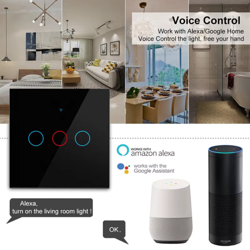 QNCX WLAN Smart Schalter EU Wand-Touch-Schalter ohne Neutralleiter, kompatibel mit Tuya Smart Life, Alexa und Google Home, 1/2/3-fach - Bild 2