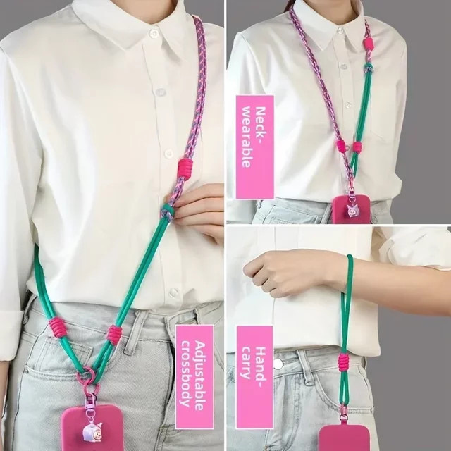 Verstellbarer 1-in-1 Mehrzweck-Handygurt aus Polyester mit farbenfrohem gewebtem Design in Pink und Multicolour für Schulter, Hals oder Handgelenk - Bild 1