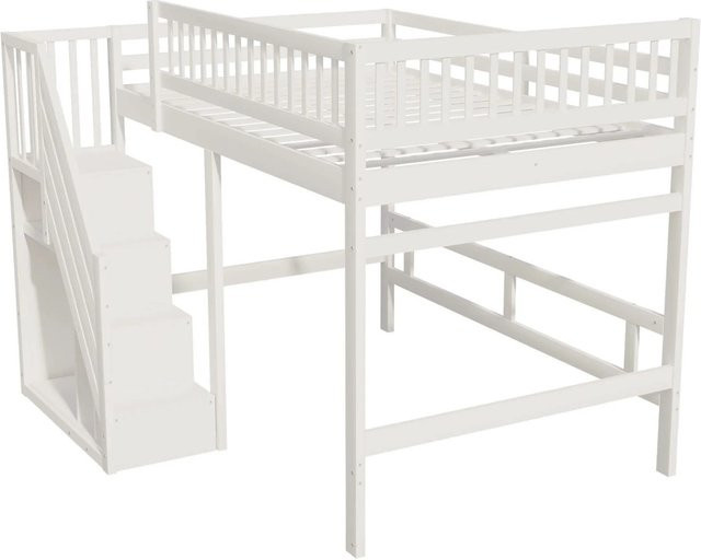 okwish Massivholzbett für Kinder aus Kiefernholz mit Treppe und Aufbewahrungsschrank, Farbe: Weiß, B/T/H: 140 x 200 x 173 cm - Bild 1