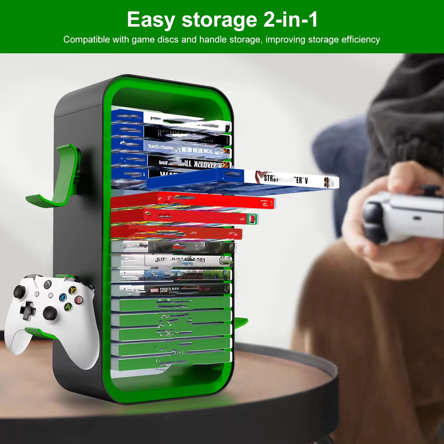 LinYuvo Spiele-Aufbewahrungsturm für PS4, PS5, Xbox, Nintendo Switch und Blu-Ray in Schwarz-Grün mit Platz für 18 Discs - Bild 4