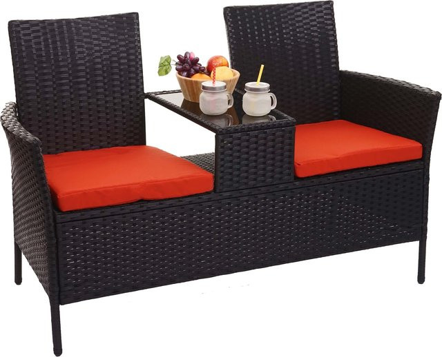 MCW Poly-Rattan Sitzbank mit Tisch E24 in Schwarz mit Kissen in Terracotta, Breite: 132 cm - Bild 1