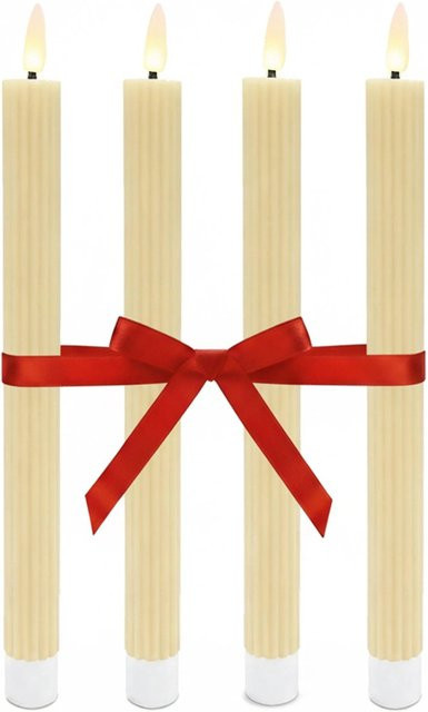Relaxdays LED Stabkerzen 4er Set aus Echtwachs in Beige mit Rillen-Design, flackerndem Effekt und Timerfunktion, Höhe: 25 cm, Durchmesser: 2 cm - Bild 1