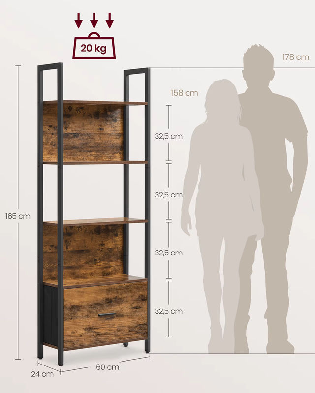 VASAGLE Bücherregal mit 5 Ebenen und Schublade im Industrial-Design, Eckregal aus Holz und Metall in Braun und Schwarz - Bild 5
